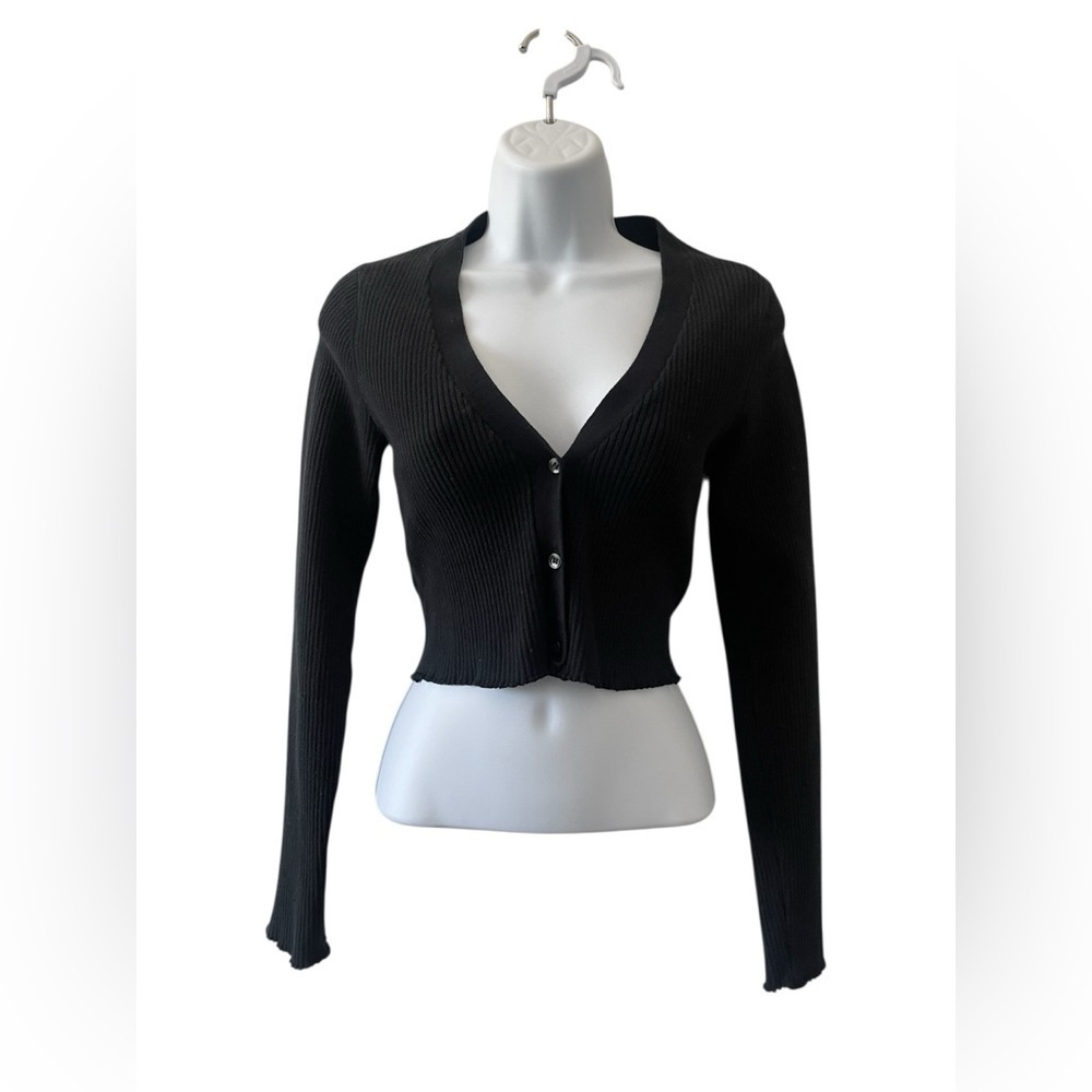GOOD AMERICAN Black Cropped Cardigan Size 1/2 Ribbed Knit Cozy - Picture 4 of 7